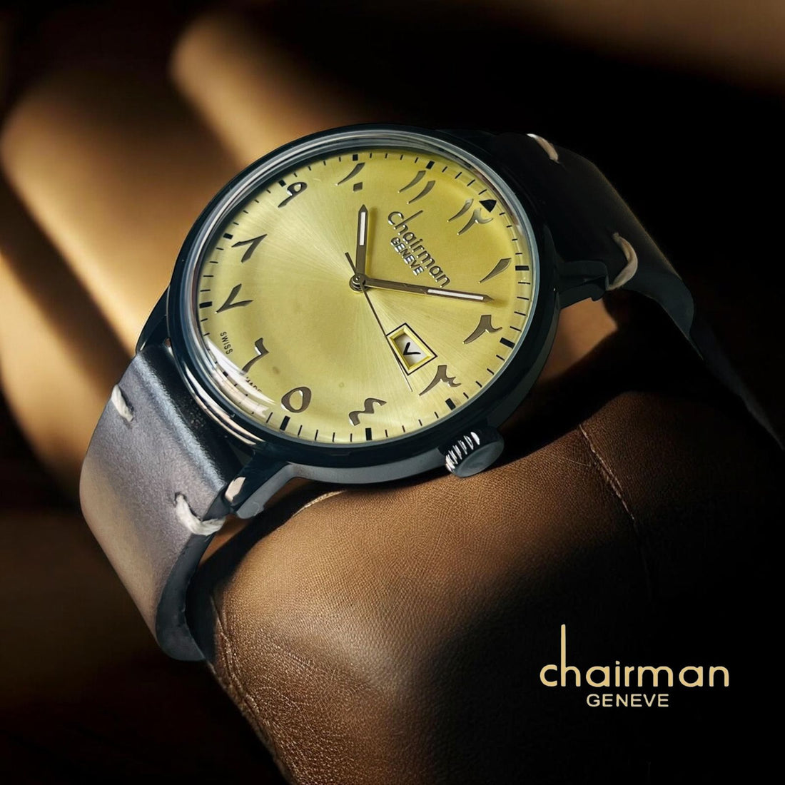 Chairman Geneve Dated Arabic Yellow Dial Black Strap Gents Watch