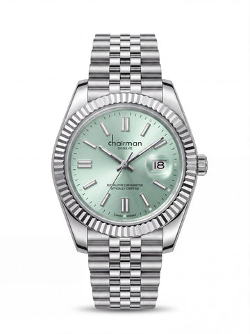Chairman Geneve Dated Baby Green Dial Silver Chain Gents Watch