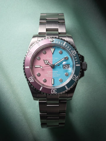 Chairman Geneve Dated Baby Pink And Blue Dial Silver Chain Gents Watch