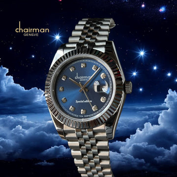 Chairman Geneve Dated Blue Stone Dial Silver Chain Gents Watch