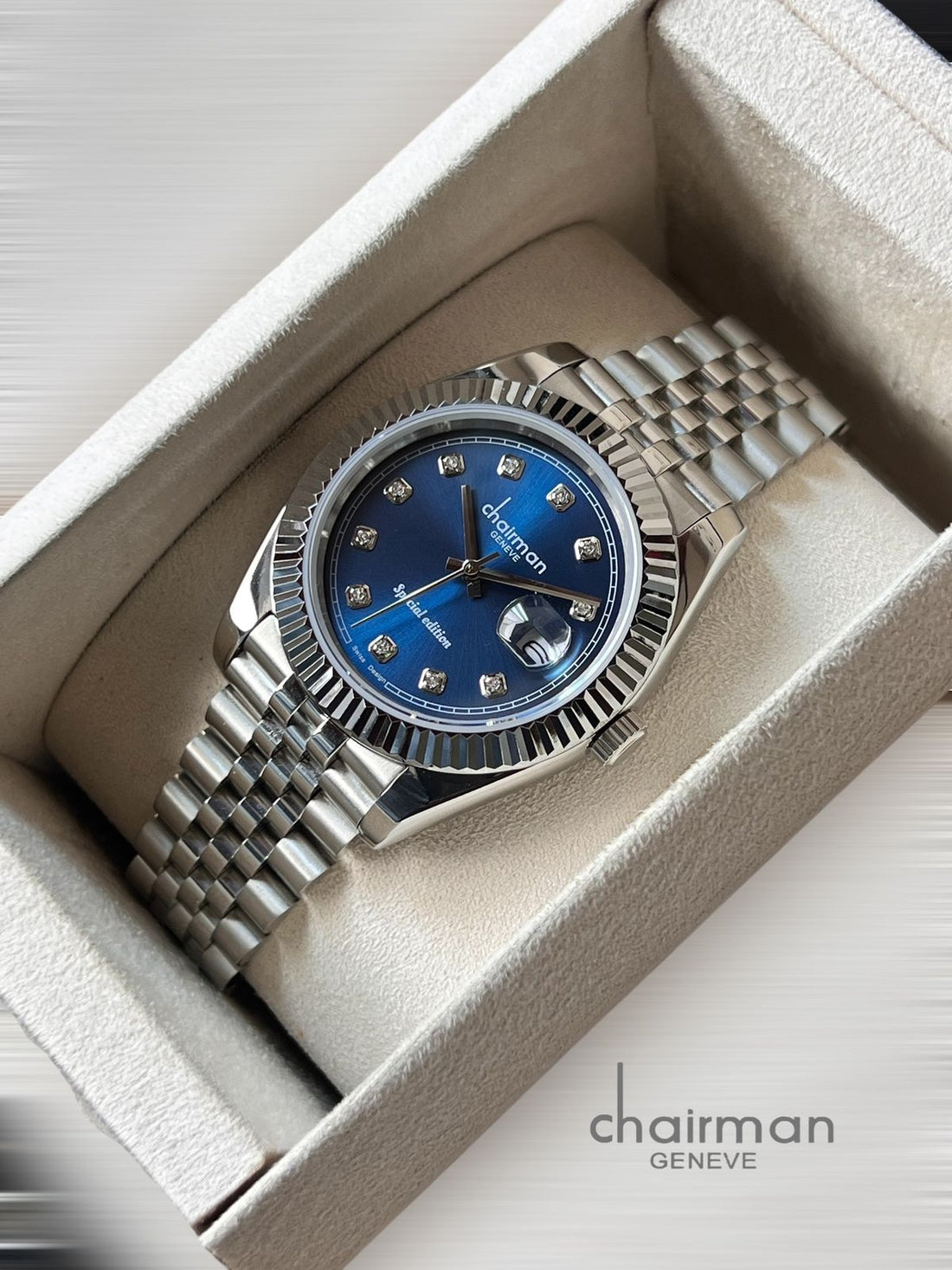 Chairman Geneve Dated Blue Stone Dial Silver Chain Gents Watch