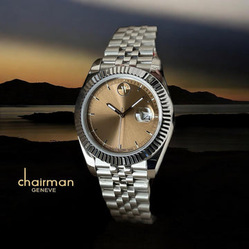 Chairman Geneve Dated Brown Dial Silver Chain Gents Watch