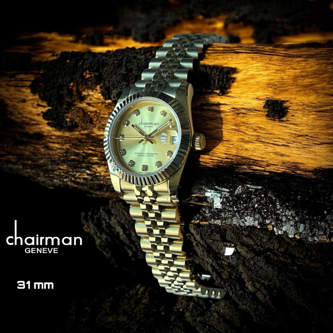 Chairman Geneve Dated Diamond Golden Dial Gold Chain Ladies Watch