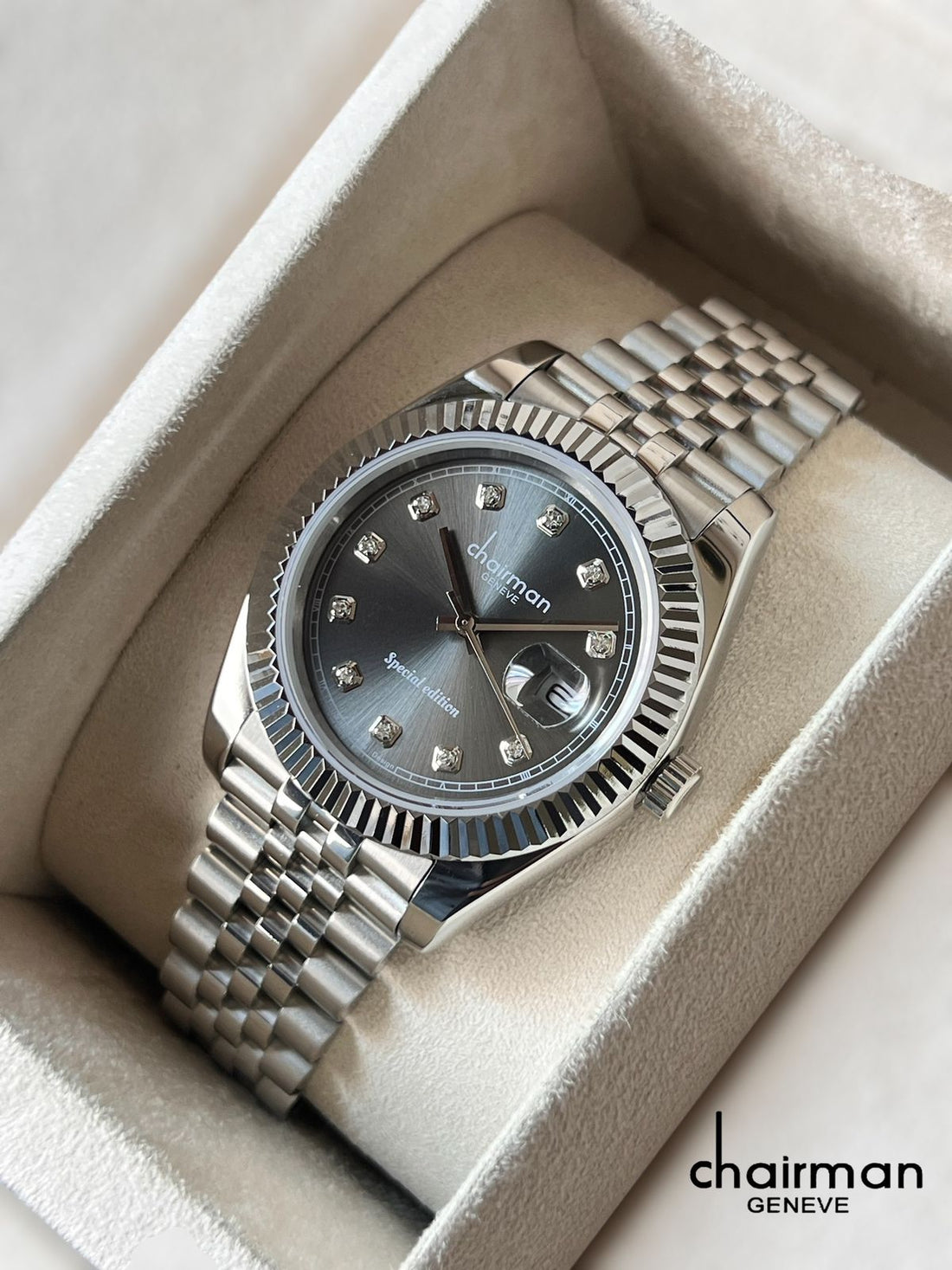 Chairman Geneve Dated Grey Stone Dial Silver Chain Gents Watch