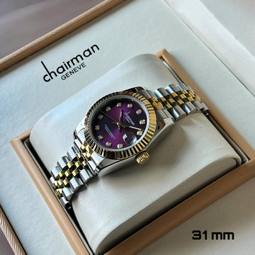 Chairman Geneve Dated Purple Stone Dial Silver And Gold Chain Ladies Watch