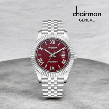 Chairman Geneve Dated Roman Maroon Dial Silver Chain Gents Watch