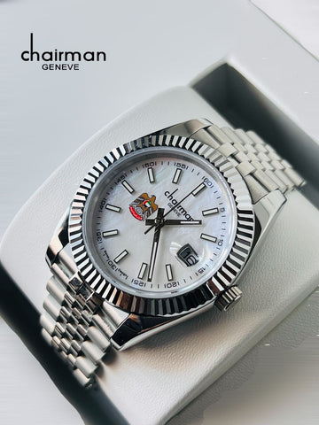 Chairman Geneve Dated UAE Emblem White Dial Silver Chain Gents Watch