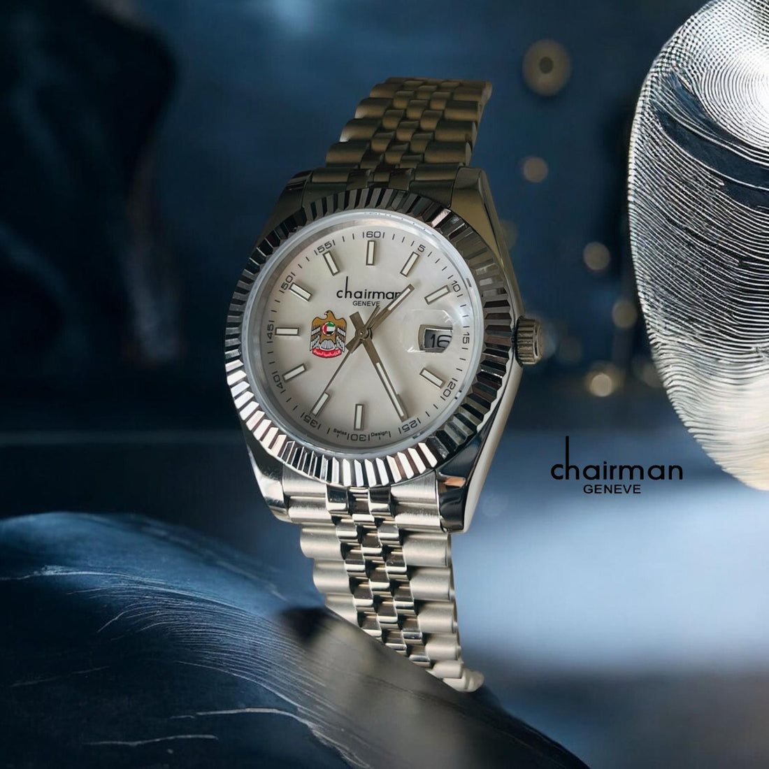 Chairman Geneve Dated UAE Emblem White Dial Silver Chain Gents Watch