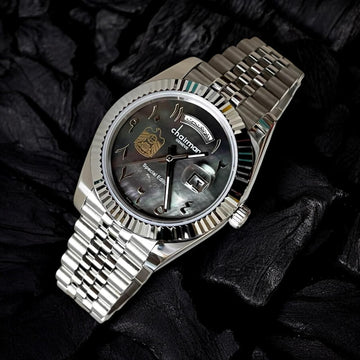 Chairman Geneve Dated UAE Emblem Arabic Black Dial Silver Chain Gents Watch