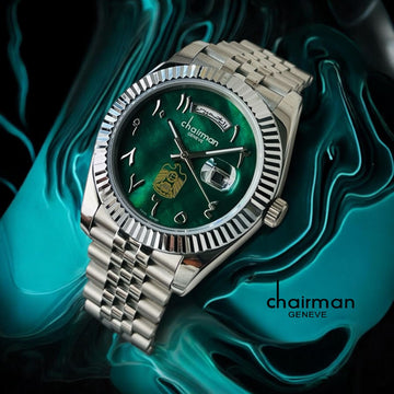 Chairman Geneve Dated UAE Emblem Arabic Green Dial Silver Chain Gents Watch