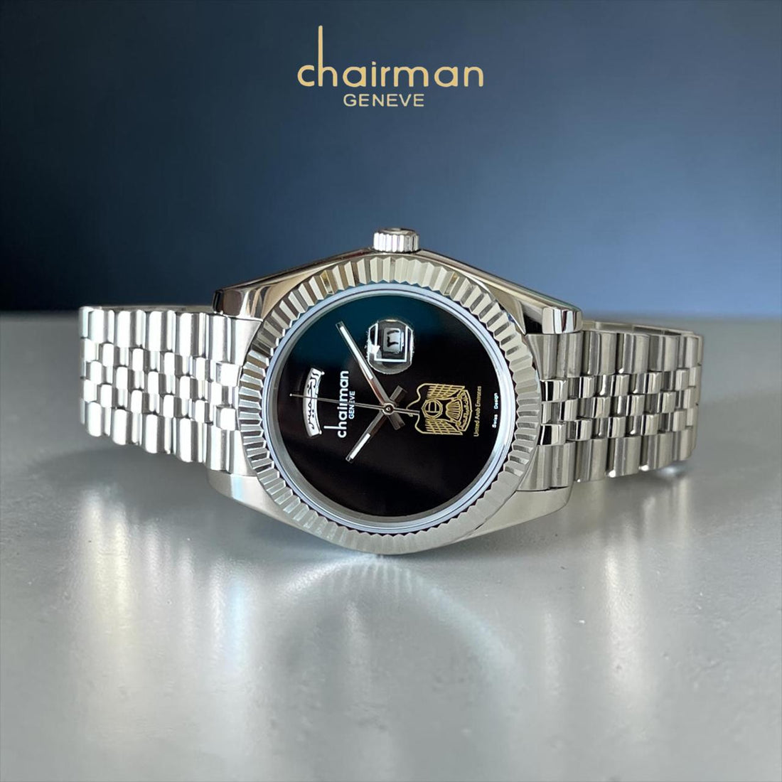 Chairman Geneve Dated UAE Emblem Black Dial Silver Chain Gents Watch