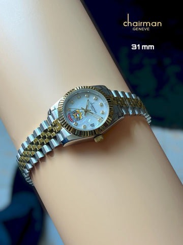 Chairman Geneve Dated UAE Emblem Stone White Dial Silver And Gold Chain Ladies Watch