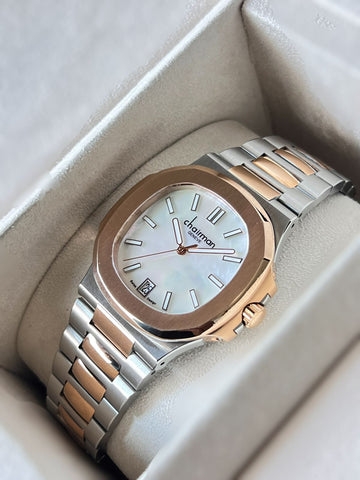 Chairman Geneve Dated White Dial Silver And Gold Chain Watch