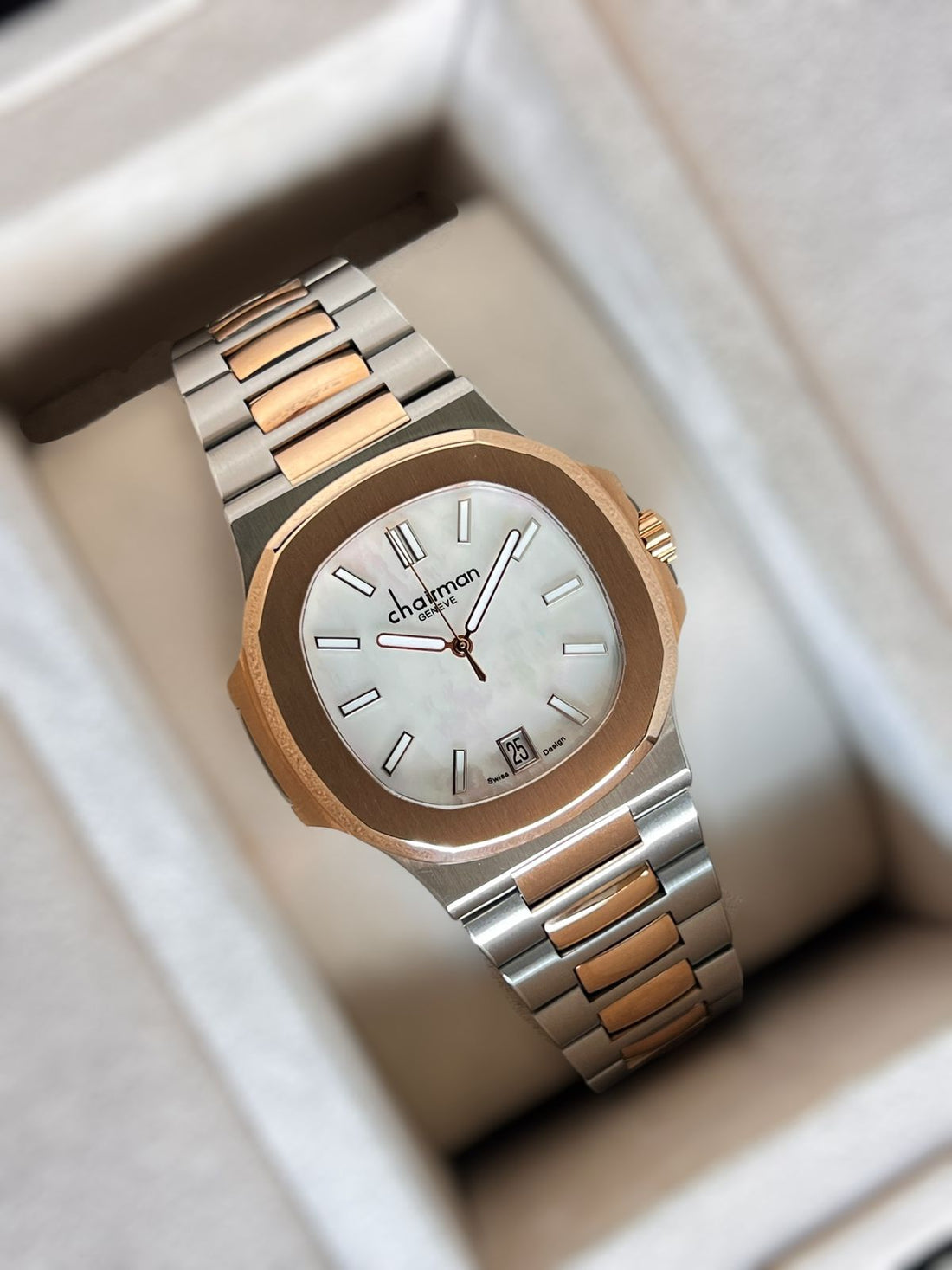 Chairman Geneve Dated White Dial Silver And Gold Chain Watch