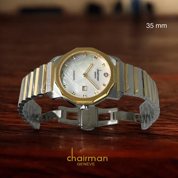Chairman Geneve Dated White Dial Silver And Gold Chain Gents Watch