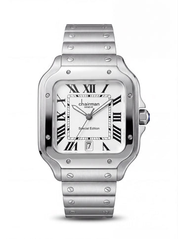 Chairman Geneve Dated White Roman Dial Silver Chain Gents Watch