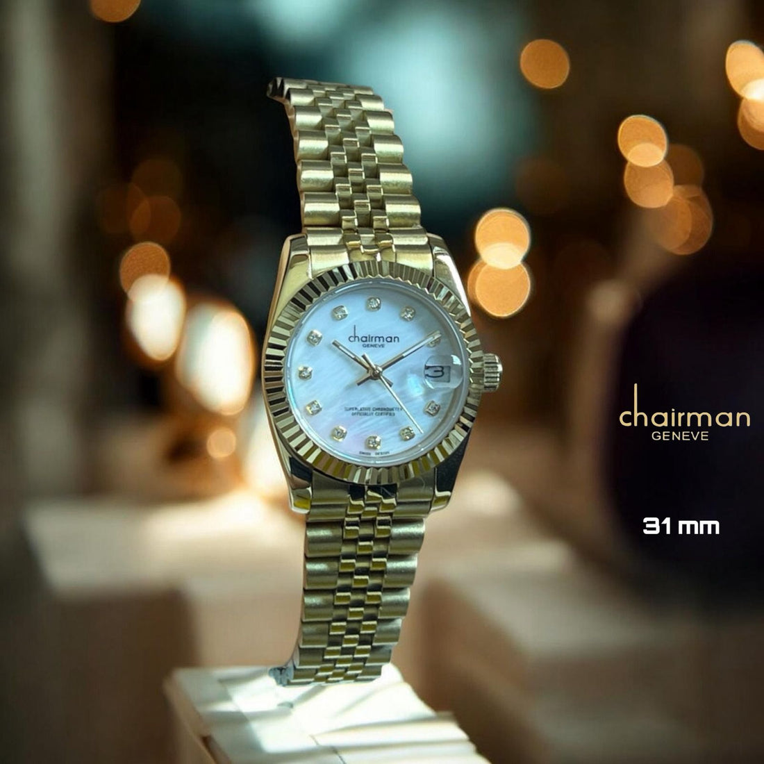 Chairman Geneve Dated White Stone Dial Gold Chain Ladies Watch
