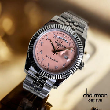 Chairman Geneve Day And Dated Arabic Baby Pink Dial Silver Chain Gents Watch