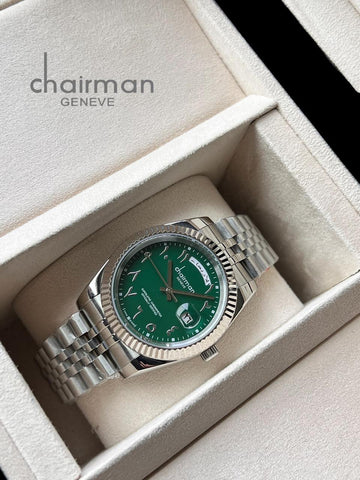Chairman Geneve Day And Dated Arabic Green Dial Silver Chain Gents Watch