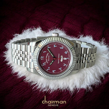 Chairman Geneve Day And Dated Arabic Maroon Dial Silver Chain Gents Watch