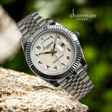 Chairman Geneve Day And Dated Arabic Off White Dial Silver Chain Gents Watch