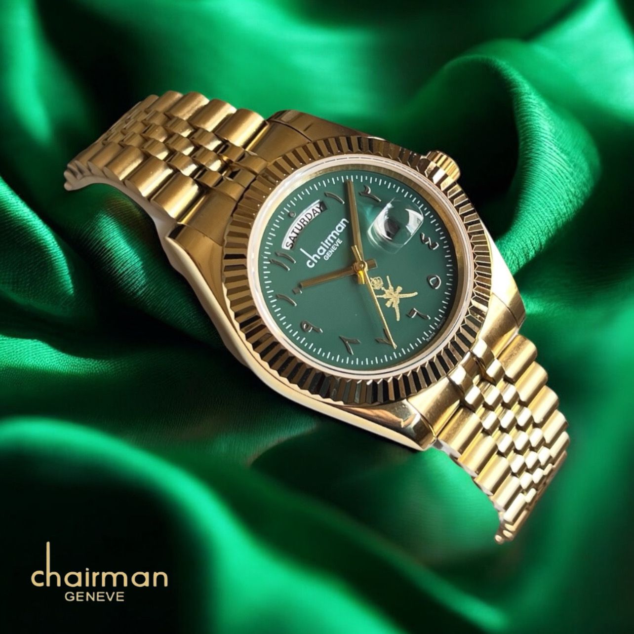 Chairman Geneve Day And Dated Arabic OMAN-Emblem Green Dial Gold Chain Gents Watch