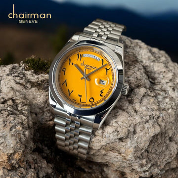 Chairman Geneve Day And Dated Arabic Yellow Dial Silver Chain Gents Watch