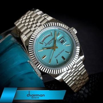 Chairman Geneve Day And Dated Baby Blue Dial Silver Chain Gents Watch
