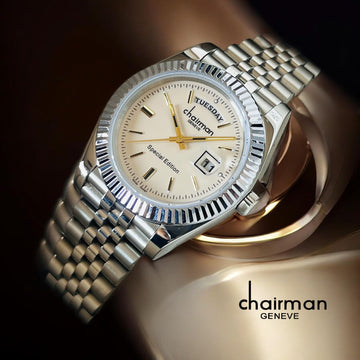 Chairman Geneve Day And Dated Off White Dial Silver Chain Gents Watch