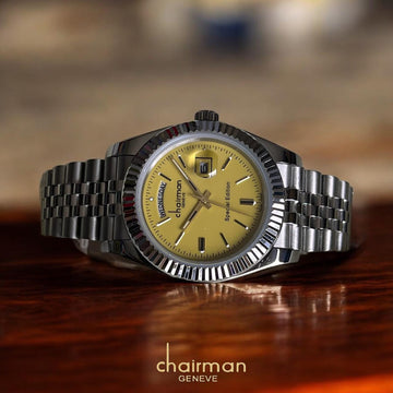 Chairman Geneve Day And Dated Yellow Dial Silver Chain Gents Watch
