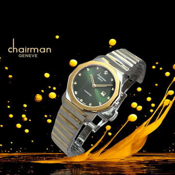 Chairman Geneve Diamond Dated Green Dial Silver And Gold Chain Gents Watch