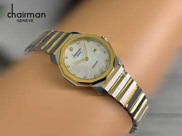Chairman Geneve Diamond Dated White Dial Silver And Gold Chain Ladies Watch