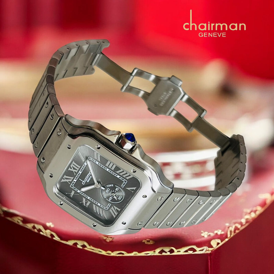 Chairman Geneve Dual Time Roman Black Dial Silver Chain Gents Watch