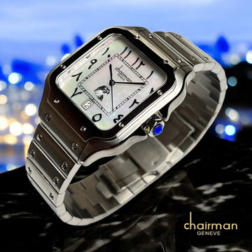 Chairman Geneve Eagle Photo Arabic Dated White Marble Dial Silver Chain Gents Watch