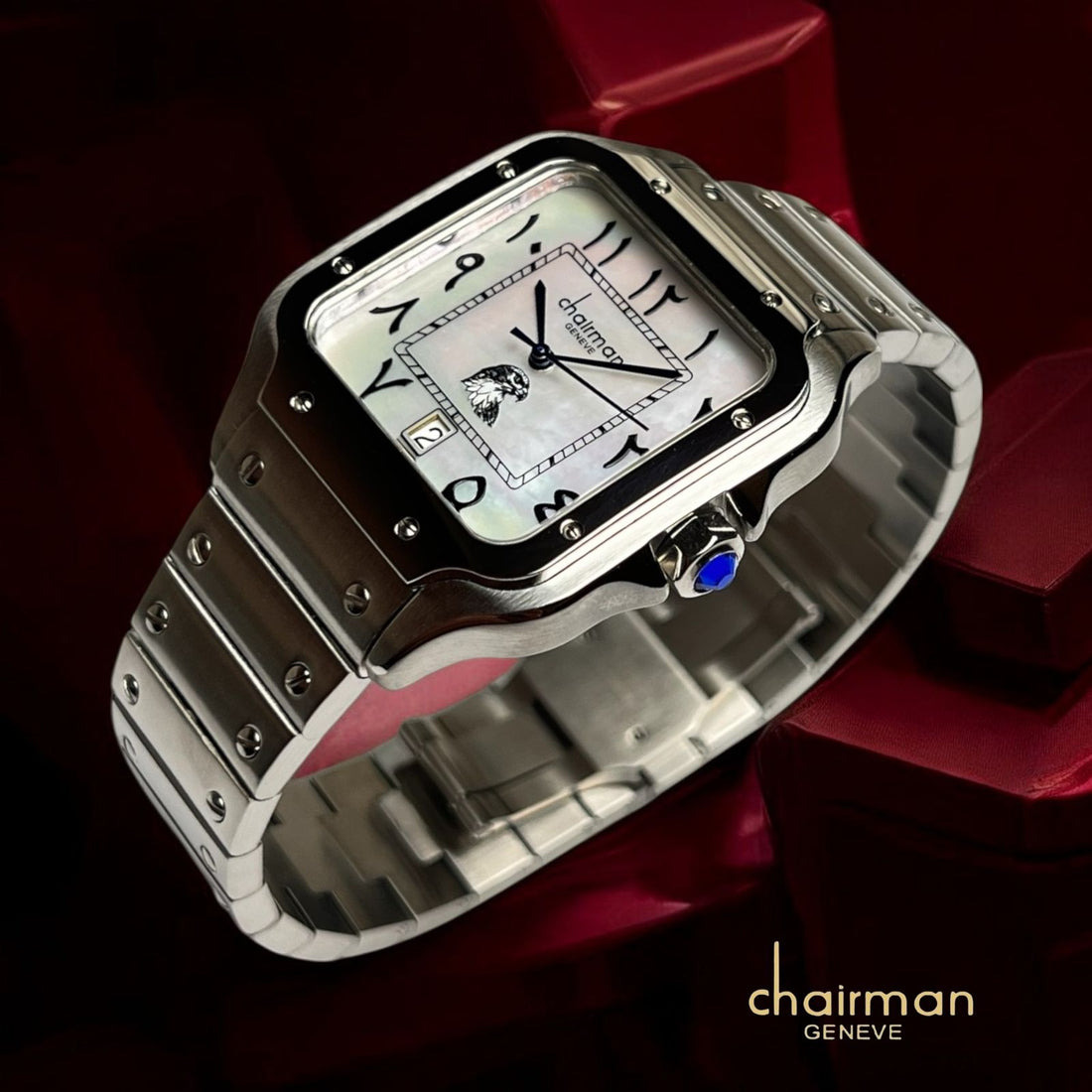 Chairman Geneve Eagle Photo Arabic Dated White Marble Dial Silver Chain Gents Watch