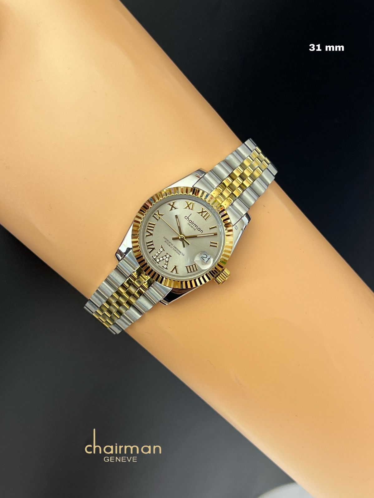 ساعة Chairman Geneve Grey Dated Roman Dial Silver Gold Chain للرجال