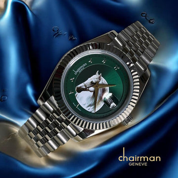 Chairman Geneve Horse Arabic Dated Green Dial Silver Chain Gents Watch