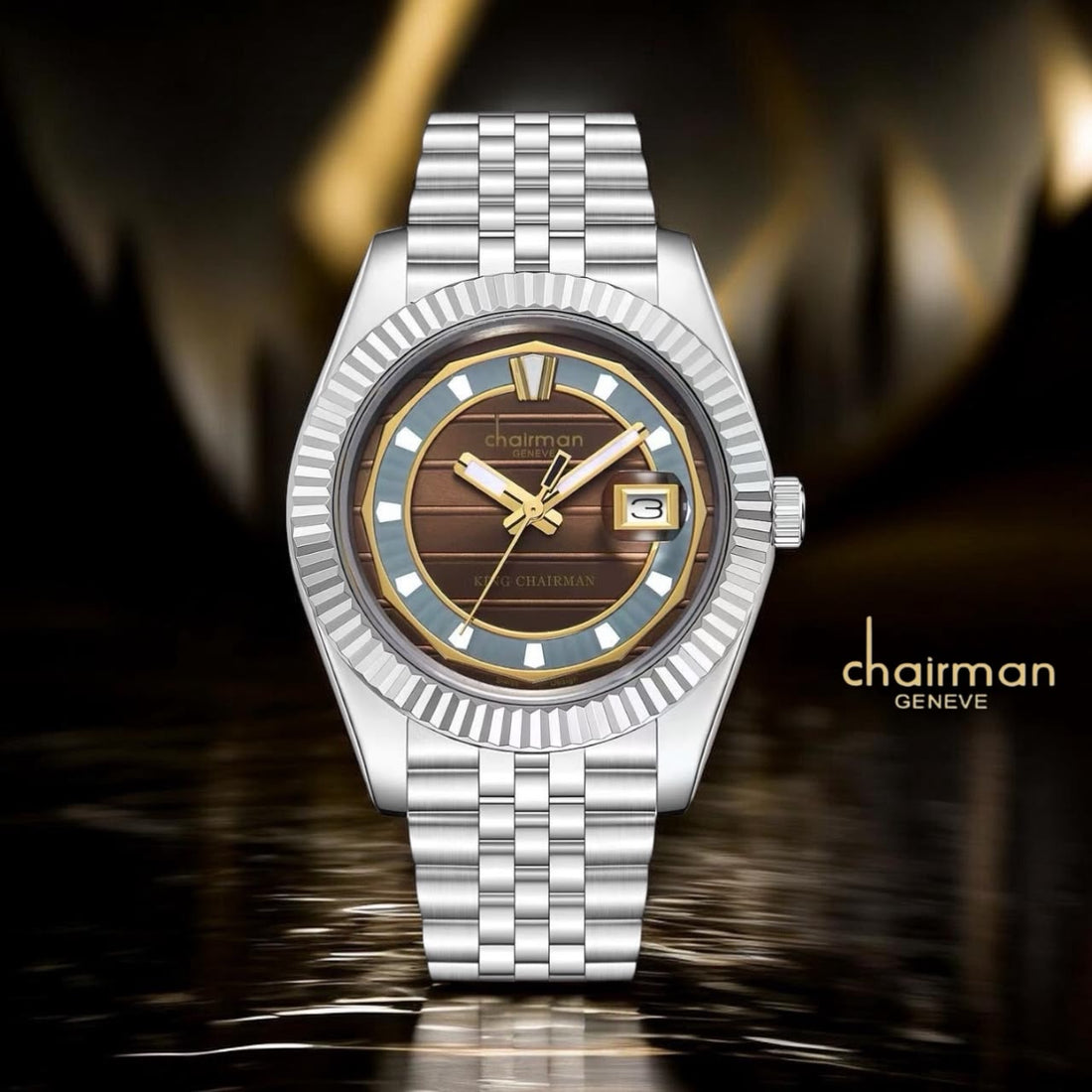Chairman Geneve King Chairman Dated Brown And Grey Dial Silver Chain Gents Watch