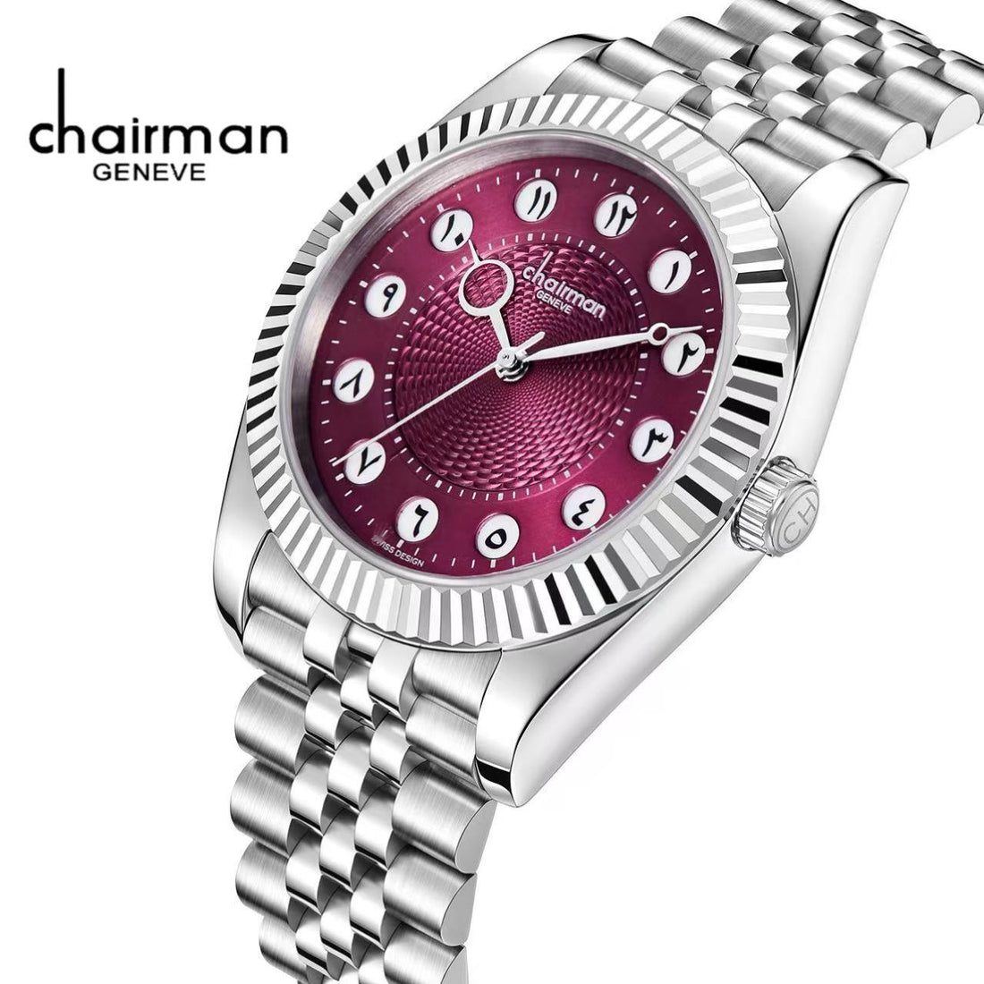 Chairman Geneve Maroon Arabic Dial Silver Chain Gents Watch