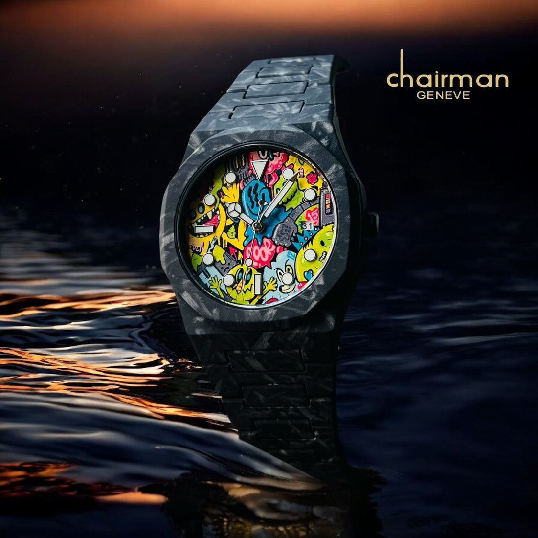 Chairman Geneve Multi Color Dial Black Poly Carbon Gents Watch