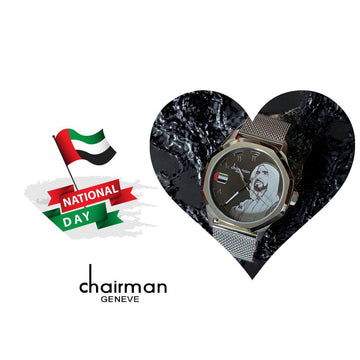 Chairman Geneve National Day UAE Flag Sheik Photo Black Arabic Dial Silver Chain Gents Watch