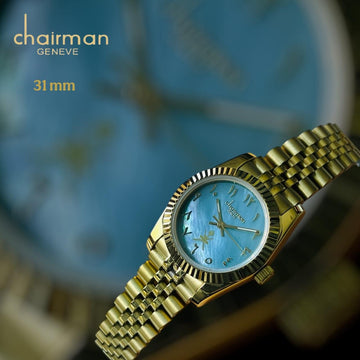 Chairman Geneve OMAN Emblem Arabic Baby Blue Dial Golden Chain Watch