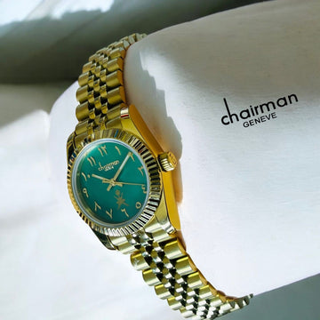 Chairman Geneve OMAN Emblem Arabic Green Dial Gold Chain Watch