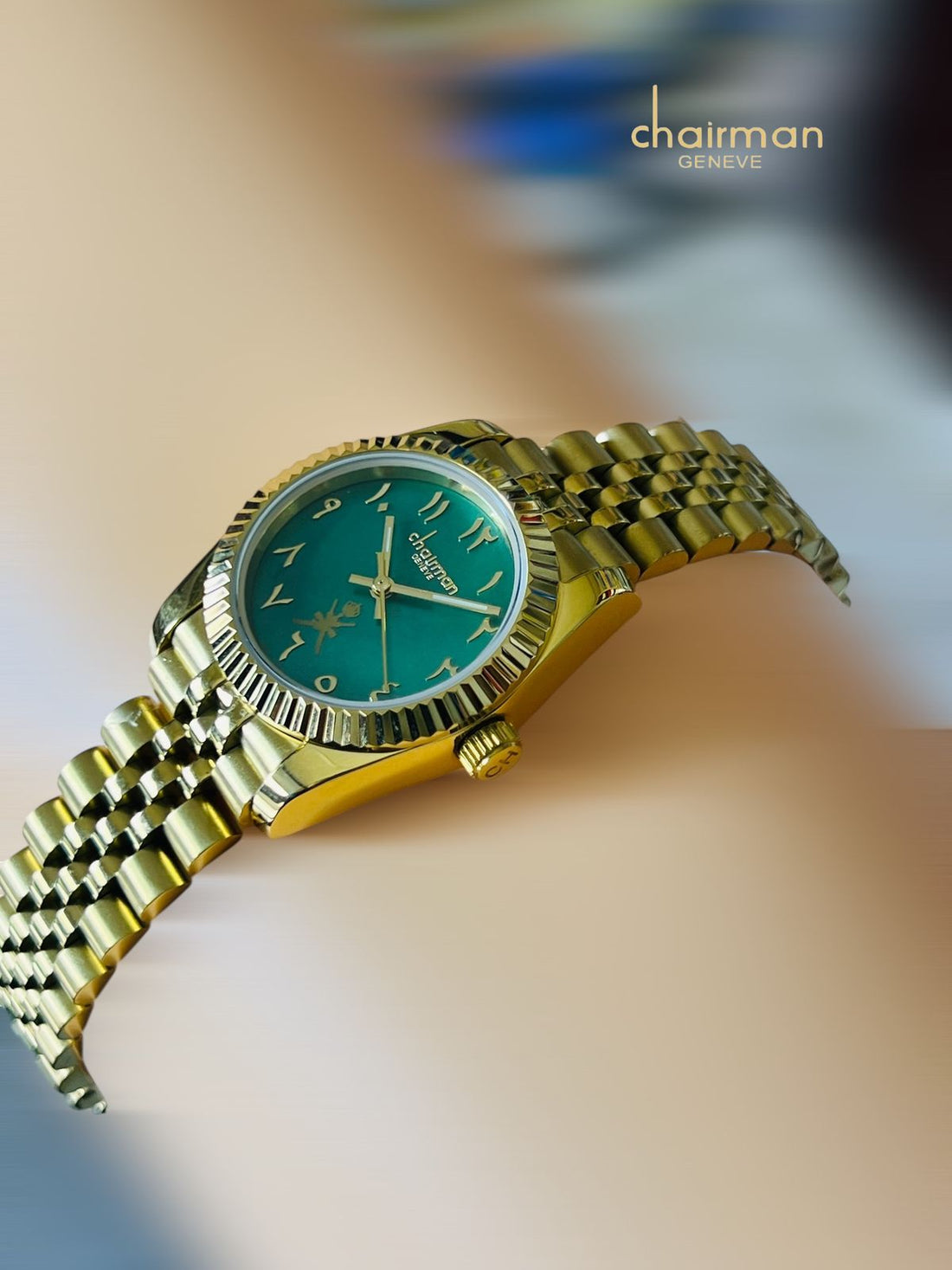 Chairman Geneve OMAN Emblem Arabic Green Dial Gold Chain Watch