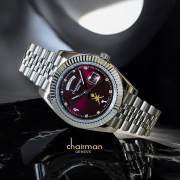Chairman Geneve OMAN Emblem Arabic Maroon Dated Dial Silver Chain Gents Watch