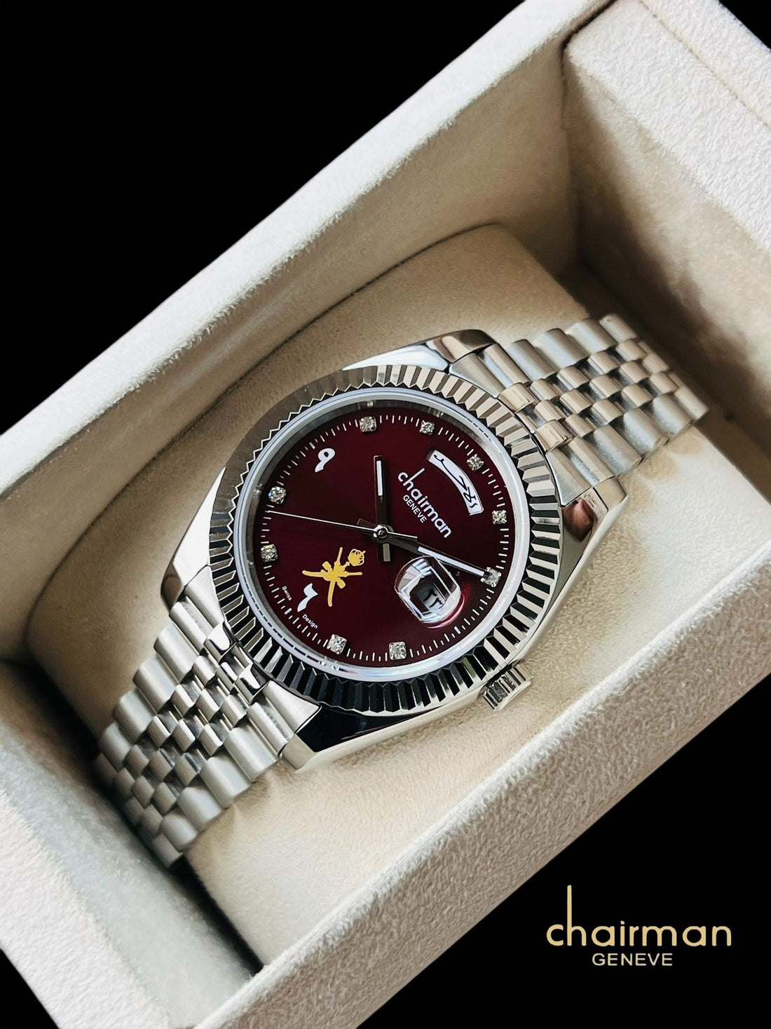 Chairman Geneve OMAN Emblem Arabic Maroon Dated Dial Silver Chain Gents Watch