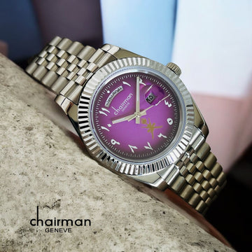 Chairman Geneve OMAN Emblem Arabic Purple Dated Dial Silver Chain Gents Watch