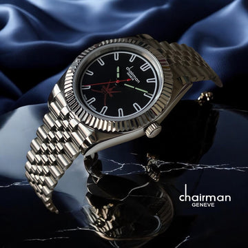 Chairman Geneve OMAN Emblem Black Dial Silver Chain Gents Watch