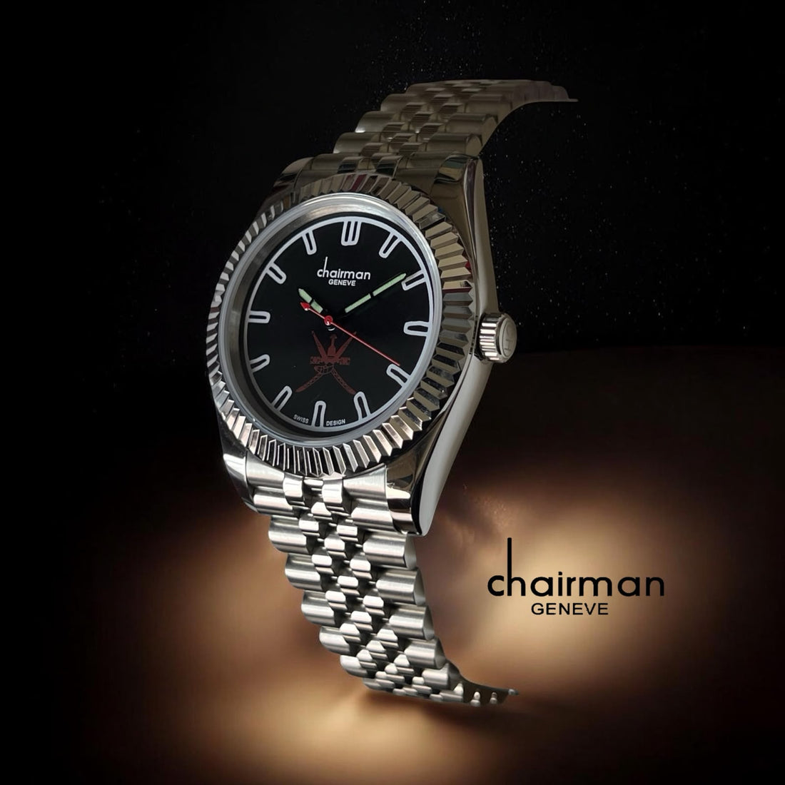 Chairman Geneve OMAN Emblem Black Dial Silver Chain Gents Watch