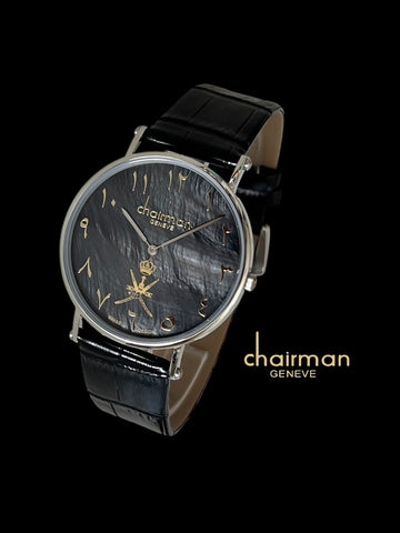 Chairman Geneve OMAN Emblem Black Marble Dial Black Strap Gents Watch